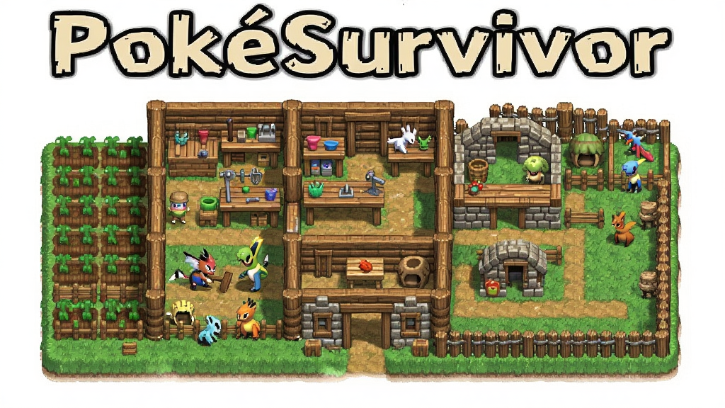 一张展示PokéSurvivor基地建造系统的插画,画面是一座由木材和石头搭建的多层基地,包含农田、工作台、宝可梦栖息地和防御围栏,周围有宝可梦在劳作,风格为像素模拟经营风,细节清晰,画质高清,干净无多余元素,图片上方有文字“PokéSurvivor”