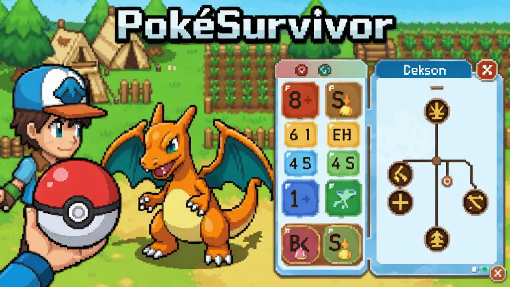 一张展示PokéSurvivor精灵捕捉与养成系统的插画,画面左侧是训练师手持精灵球面对一只野生小火龙,右侧是宝可梦属性面板与技能树界面,背景是营地与农田,风格为卡通像素风,细节丰富,画质高清,干净无多余元素,图片上方有文字“PokéSurvivor”