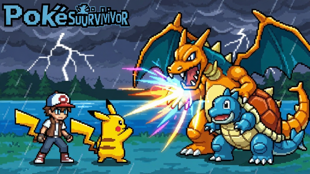 一张展示PokéSurvivor实时战斗场景的插画,画面中训练师指挥皮卡丘与水箭龟对抗一只巨大的野生暴鲤龙,背景是雷雨天气的湖面,技能特效华丽,风格为动感像素风,细节丰富,画质高清,干净无多余元素,图片上方有文字“PokéSurvivor”