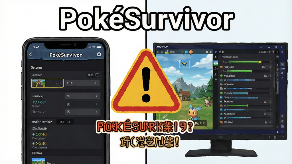 一张展示PokéSurvivor新手避坑指南的插画,画面分为左右两部分,左侧是手机屏幕显示游戏设置界面与画质选项,右侧是电脑模拟器界面显示性能配置,中间有醒目的警告图标与提示文字,风格为信息图表风,细节清晰,画质高清,干净无多余元素,图片上方有文字“PokéSurvivor”