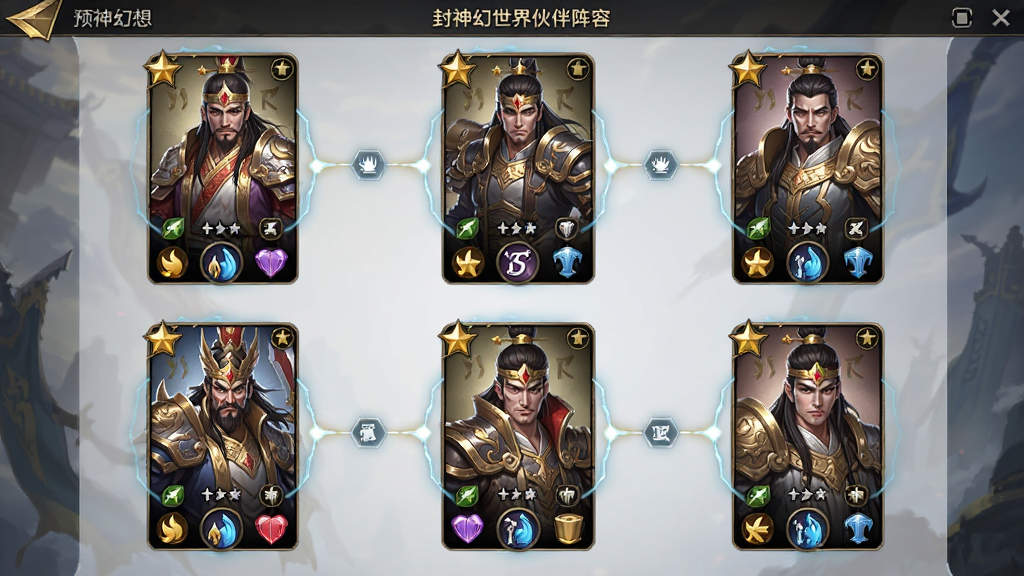 封神幻想世界伙伴阵容界面预览图,画面展示封神幻想世界游戏中的伙伴选择界面,主体为六位封神角色卡牌排列,布局为两行三列网格,风格为卡牌收集界面设计,细节包含角色立绘、星级标识、属性图标、羁绊连线,画质高清干净无多余元素