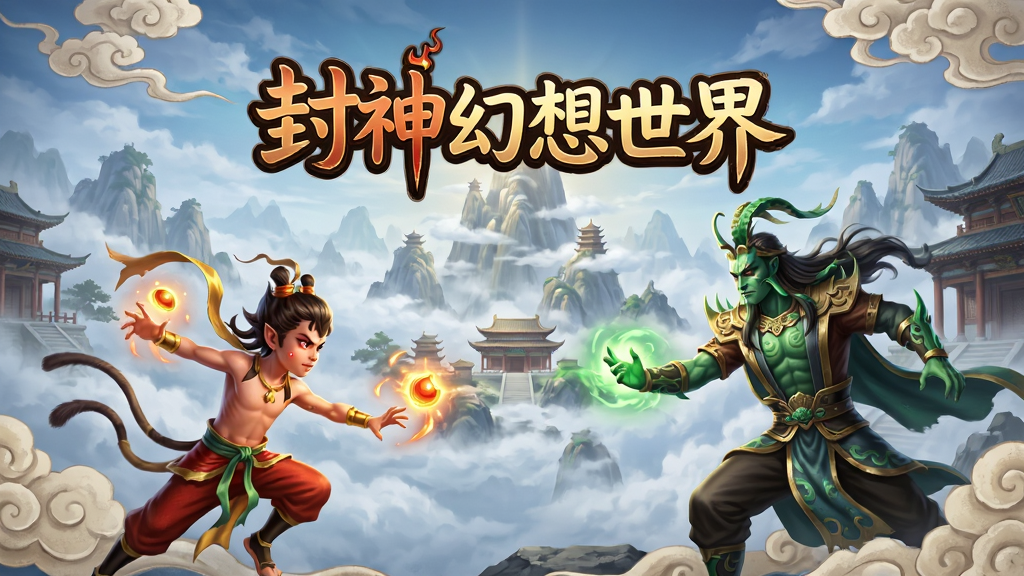 封神幻想世界游戏主界面预览图,画面中央展示封神幻想世界游戏标题,背景为云雾缭绕的昆仑山仙境,前景有哪吒与杨戬两位角色对峙,主体居中布局,上方标题排版,风格为国风仙侠写实,细节包含法宝光效、祥云纹理、古风建筑,画质高清干净无多余元素
