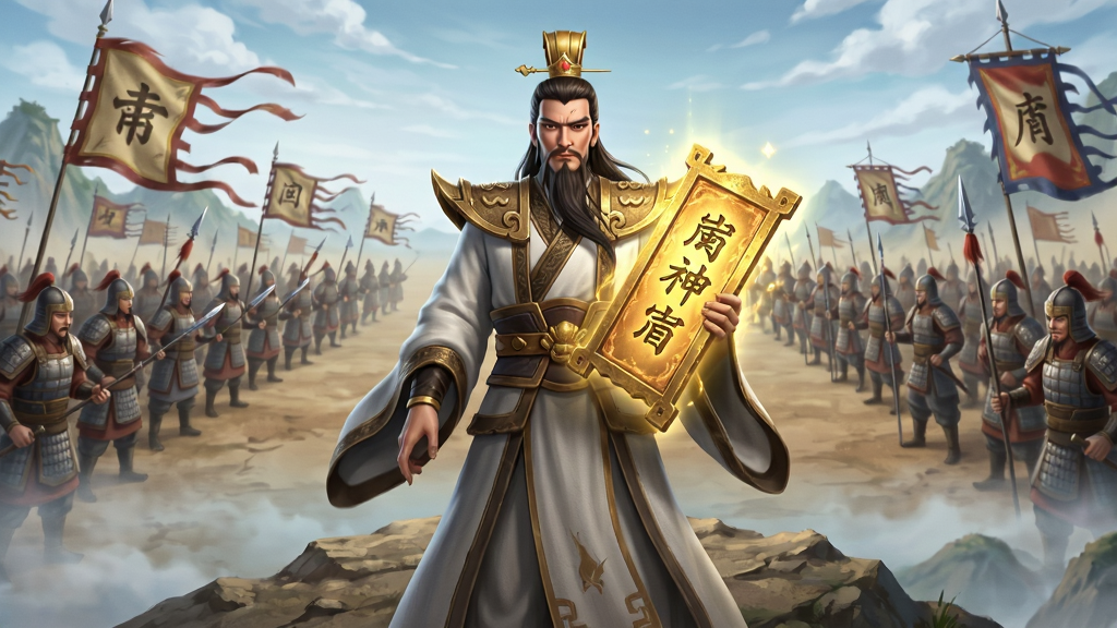 封神幻想世界剧情过场动画预览图,画面展示封神幻想世界游戏中姜子牙手持封神榜立于岐山之上,背景为商周大军对峙的战场,主体人物居中,布局为上下分镜,风格为国风CG动画质感,细节包含封神榜金光、战旗飘扬、士兵列阵,画质高清干净无多余元素