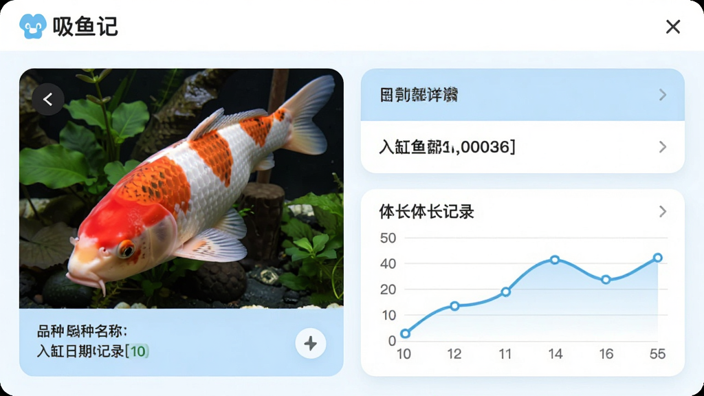 主体为吸鱼记软件鱼只档案详情页,页面展示一条锦鲤的照片、品种名称、入缸日期与体长记录曲线;布局为手机竖屏截图样式,左侧为照片区,右侧为数据列表;排版整齐,顶部有