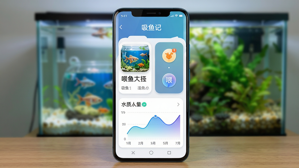 主体为一部安卓手机屏幕,屏幕中显示吸鱼记软件主界面,界面包含鱼缸列表卡片、喂食提醒图标与水质数据曲线;布局为手机居中放置于木质桌面,背景虚化出鱼缸与水草;排版清晰,顶部为软件名称