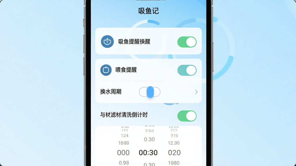 主体为吸鱼记软件提醒设置界面,界面中显示喂食提醒开关、换水周期选择器与滤材清洗倒计时;布局为手机屏幕居中,背景为淡蓝色渐变;排版采用列表加开关控件,顶部标注