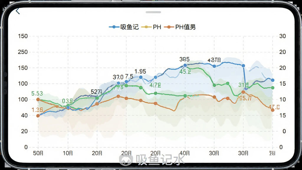 主体为吸鱼记软件水质趋势图页面,页面展示温度与PH值双折线图,横轴为日期,纵轴为数值;布局为手机横屏或竖屏截图,图表占据主要区域;排版清晰,图例位于顶部,底部有