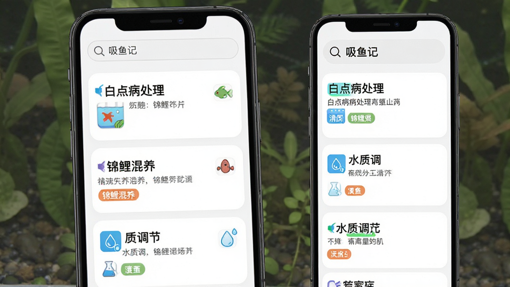 主体为吸鱼记软件知识库列表页,页面展示多个养护词条卡片,如