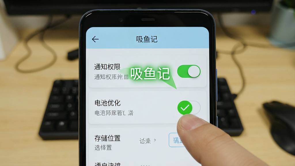主体为一部安卓手机显示吸鱼记设置页面,页面中包含通知权限开关、电池优化选项与存储位置选择;布局为手机特写,背景为桌面环境;排版清晰,重点标注