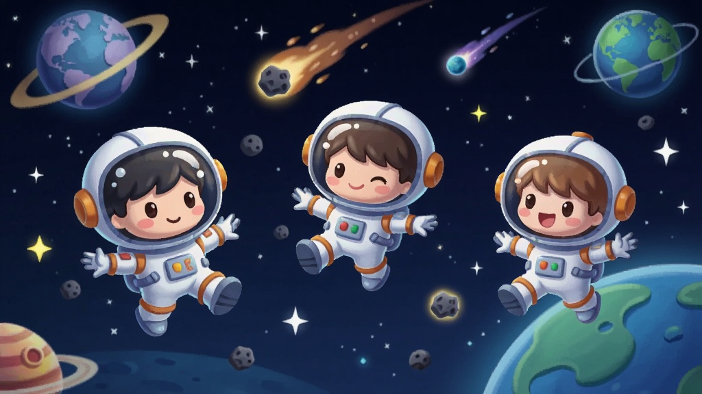 画面展示吉星派对星际派对赛季主题场景,太空背景,星球和流星。Q版角色穿着宇航服在低重力环境中跳跃。布局为横向卷轴式,前景角色,背景星空。风格为科幻卡通,细节包括星星闪烁、陨石轨迹、角色飘浮动作。画质高清,干净,无多余元素。