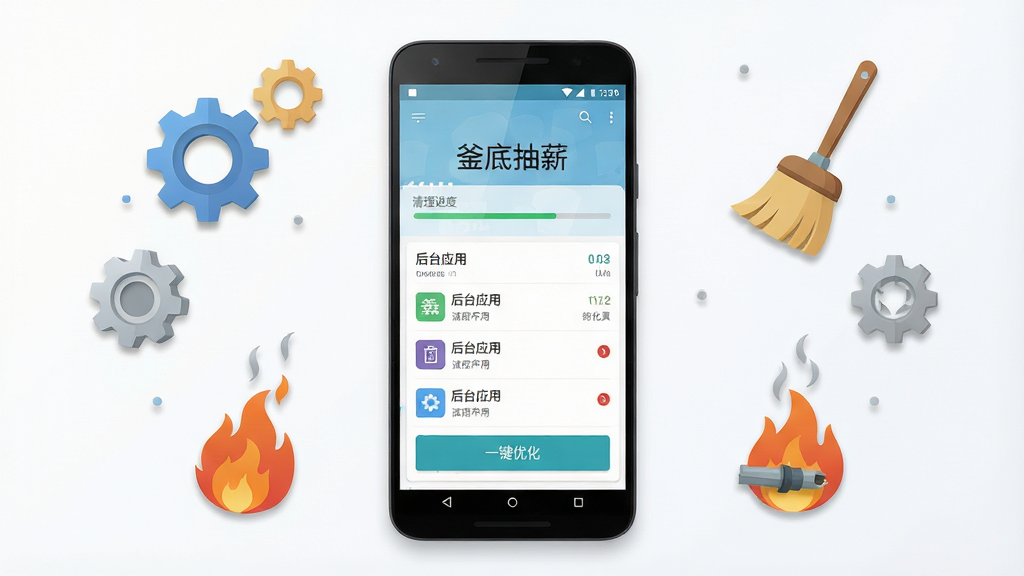 软件核心全貌展示图,画面中央放置一部正在运行的安卓手机,手机屏幕上显示“釜底抽薪”软件主界面,界面中有清理进度条、后台应用列表和一键优化按钮,周围环绕齿轮、扫帚、火焰熄灭等象征清理与优化的图标,整体布局居中对称,风格为扁平化科技感,细节上界面文字清晰、图标有轻微立体阴影,画质高清,画面干净,无多余元素