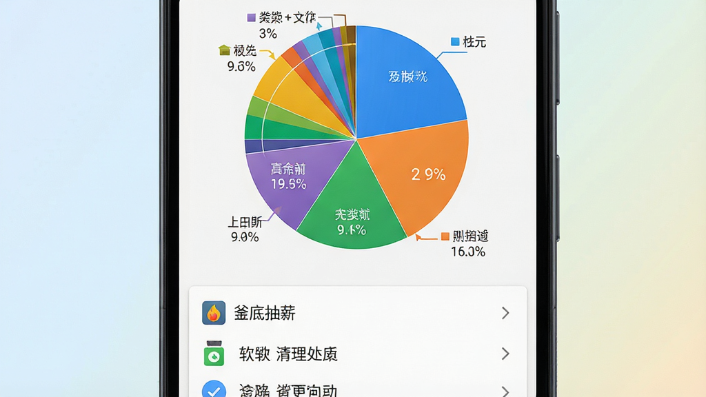 画面主体为安卓手机屏幕上的存储空间分析图表,饼状图显示不同类别文件的占比,下方有“釜底抽薪”软件给出的清理建议列表,背景为浅色渐变,布局为图表在上、列表在下,风格为清新数据图表风,细节上颜色区分明显、文字标注清晰,画质高清,画面干净,无多余元素