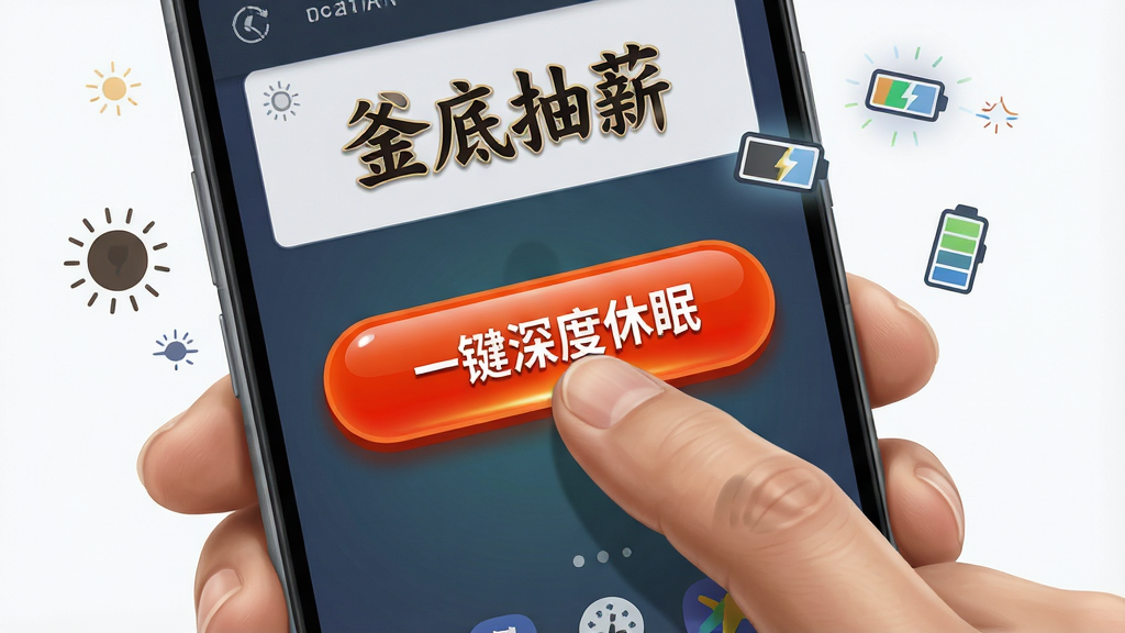 画面主体为一只手拿着安卓手机,拇指正要点击屏幕上的“一键深度休眠”按钮,按钮呈醒目的橙红色,手机屏幕背景是“釜底抽薪”软件界面,周围有休眠符号和电量图标飘浮,布局为手部动作特写居中,风格为写实插画风,细节上按钮有光泽感、手指有自然阴影,画质高清,画面干净,无多余元素