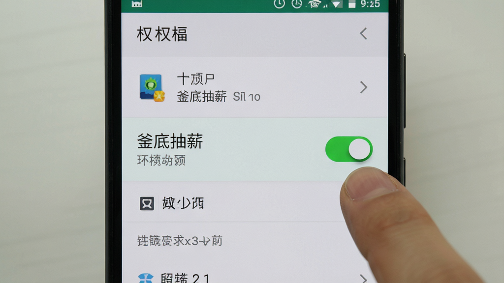画面主体为安卓手机设置界面的权限管理页面,页面中高亮显示“釜底抽薪”应用的权限开关,旁边有手指正在点击开启按钮,背景为浅灰色设置菜单,布局为手机屏幕居中,风格为写实UI截图风,细节上开关有绿色高亮、文字清晰,画质高清,画面干净,无多余元素
