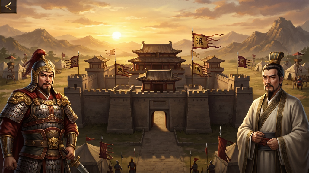 一款以三国时代为背景的策略手游主界面,画面中央是宏伟的古代城池,城墙高耸、旗帜飘扬,左右两侧分别站立着身穿铠甲的武将和谋士,背景是夕阳下的山川与军营,整体风格为写实国风,色彩以暖金与暗红为主,画面干净清晰,无多余文字元素,高清画质。
