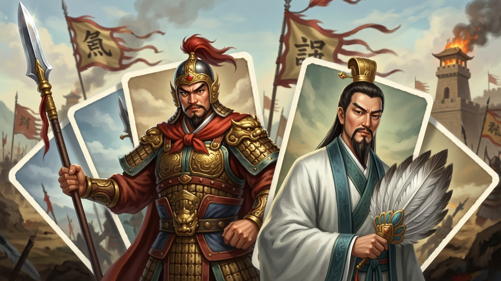 画面中展示多位三国名将的卡牌立绘,主体为手持长枪的武将和羽扇纶巾的谋士,布局呈扇形排列,背景为古代战场与烽火台,风格为精致国风插画,细节包括铠甲纹理、兵器光泽、战旗飘动,画质高清,画面干净,无多余文字元素。