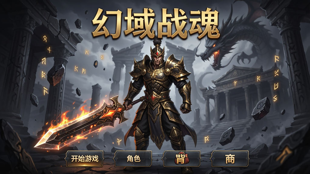画面中央展示一款名为幻域战魂的手机游戏主界面,主体是一位身穿暗金铠甲的战士角色手持发光巨剑站在画面正中,背景是破碎的古代神殿与漂浮的符文石块,布局上游戏名称幻域战魂以金色大字置于画面上方,下方排列开始游戏、角色、背包、商城四个功能按钮,整体风格为暗黑东方玄幻,细节包括铠甲上的纹路、剑身上的火焰粒子、背景中若隐若现的巨龙轮廓,画质高清干净无多余元素