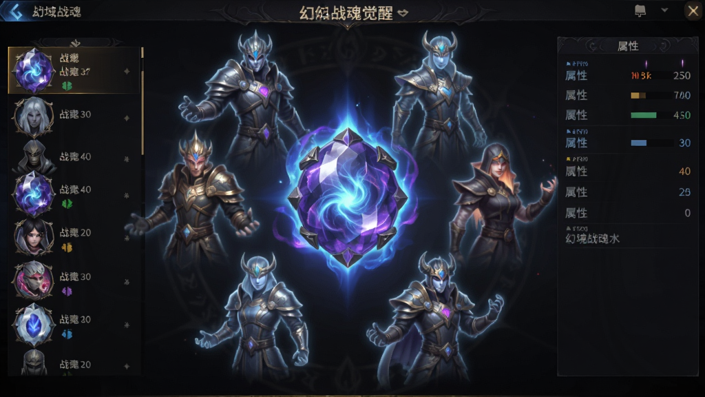 画面主体为幻域战魂游戏中的战魂觉醒界面,中央悬浮着一颗散发蓝紫色光芒的灵魂宝石,宝石周围环绕六位不同职业的战魂虚影,布局上左侧为战魂列表右侧为属性面板,风格为暗黑魔幻,细节包括宝石内部的能量流动纹理、战魂虚影的半透明质感、面板上的数值跳动光效,画质高清干净无多余元素