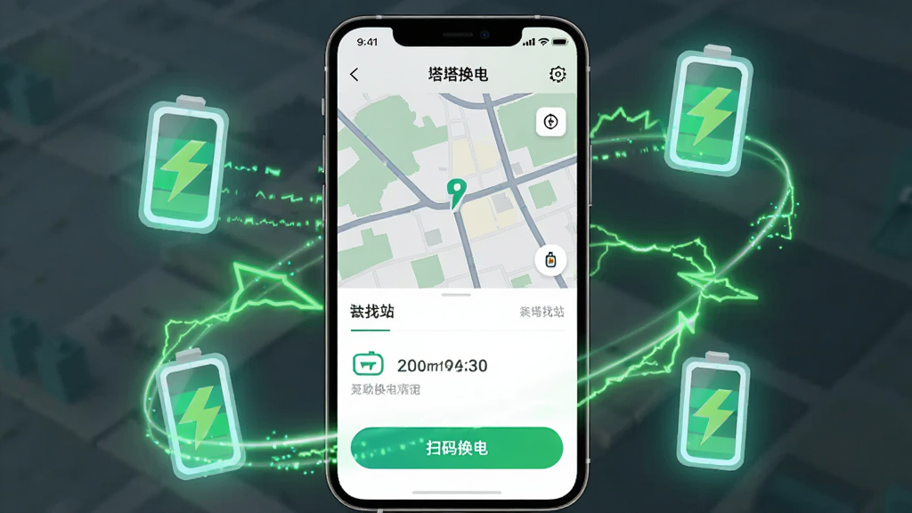 主体为一部智能手机屏幕展示铁塔换电应用界面,布局为手机居中放置于画面中央,排版上应用界面清晰可见包含地图找站和扫码换电按钮,风格为现代科技感扁平化设计,细节上手机周围环绕发光的电池图标和绿色能量线条,画质为高清渲染,干净无多余元素