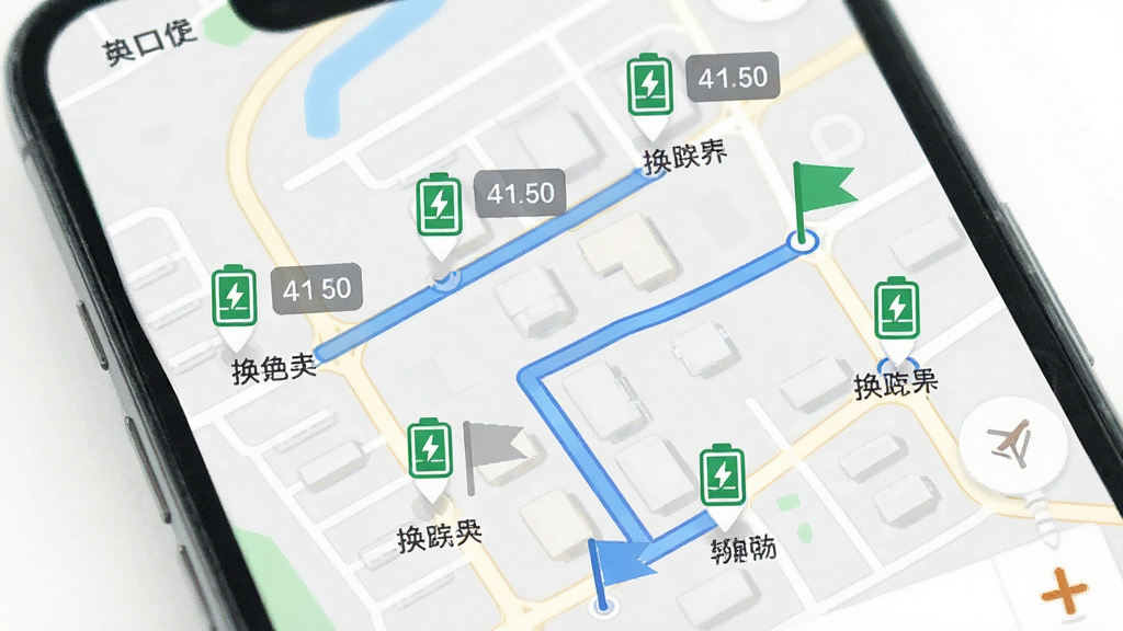 主体为手机地图界面展示多个换电站标记点,布局为地图占据画面主体,排版上标记点以绿色电池图标呈现并带有距离标签,风格为清新简洁的导航界面风格,细节上包含一条规划路线和目的地旗帜标识,画质清晰,干净无多余元素