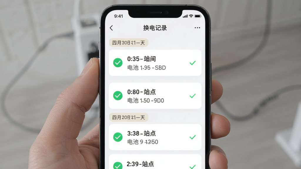 主体为手机屏幕展示换电记录列表页面,布局为屏幕居中显示,排版上每条记录包含时间站点和电池信息,风格为简洁列表式界面设计,细节上带有绿色完成勾选图标和日期分组标签,画质清晰,干净无多余元素