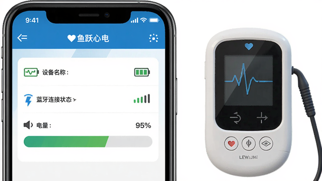 手机界面展示“鱼跃心电”设备管理页面,页面中有设备名称、蓝牙连接状态、电量百分比条,旁边放置心电记录仪实物,风格为扁平化图标设计,布局左右分栏,细节包括电池图标、信号强度条、设备缩略图,画质高清,干净,无多余元素