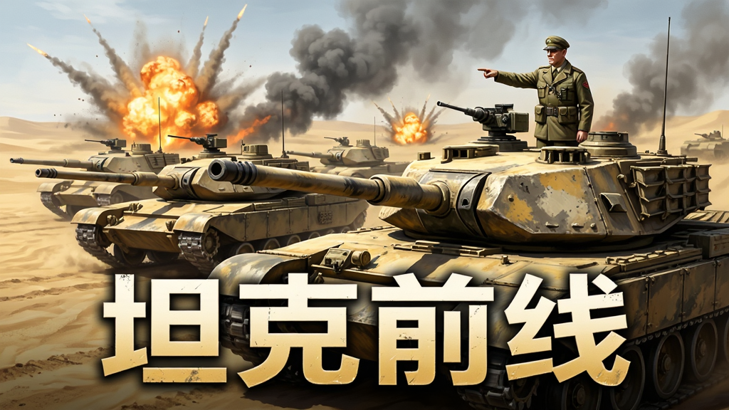 坦克前线游戏宣传图,画面展示多辆坦克在沙漠战场上列队冲锋的场景,远处有爆炸火光和烟雾,近处一辆坦克炮塔上站着指挥官正在指挥,画面下方用醒目的字体写着“坦克前线”,整体采用写实战争风格,色调以沙漠黄和硝烟灰为主,细节丰富,画质清晰,干净利落