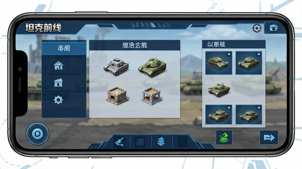 坦克前线游戏操作界面示意图,画面展示手机横屏玩游戏的状态,屏幕上显示基地建造菜单和坦克选择面板,画面角落标注“坦克前线”游戏名称,整体采用简洁明了的科技风格,色调以深蓝和浅灰为主,布局清晰,画质干净,无多余文字和装饰
