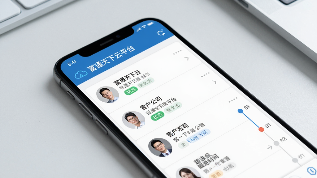 一张表现富通天下云平台客户管理功能的图片,主体为手机屏幕特写,屏幕中展示客户列表和跟进时间轴,布局为手机倾斜放置,背景为淡灰色办公桌面,风格为简洁商务,细节包含客户头像、公司名称和状态标签,画质清晰干净,无多余元素,图片中文字为“富通天下云平台”