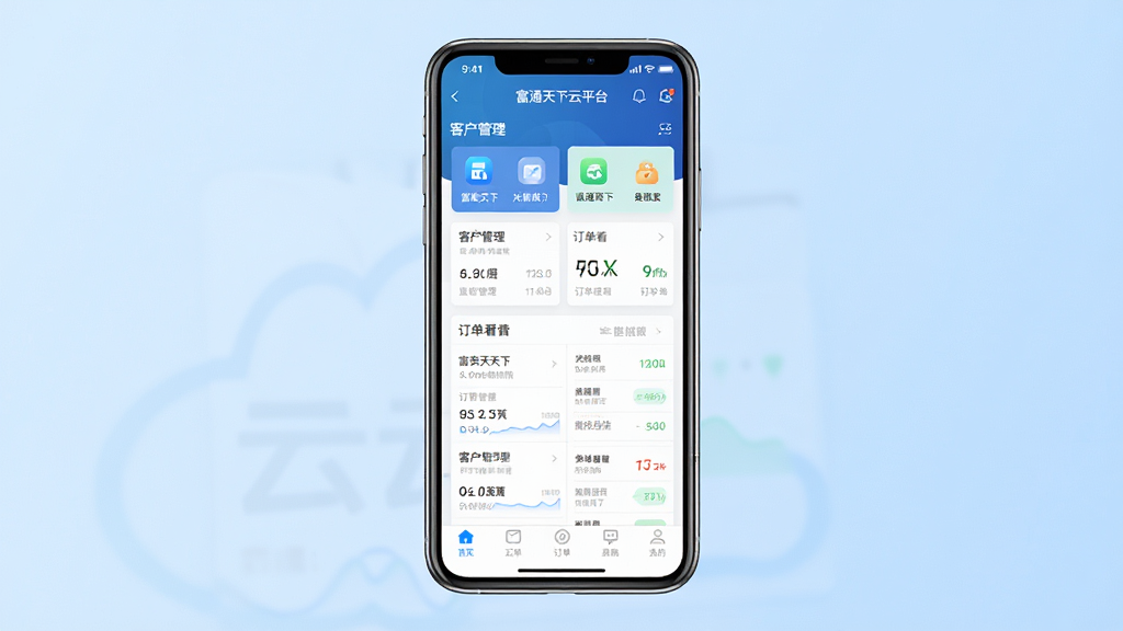 一张展示富通天下云平台移动端界面全貌的图片,主体为一部现代智能手机,屏幕上清晰呈现富通天下云平台的应用界面,包含客户管理列表和订单看板,布局为手机居中放置,背景为简洁的浅蓝色渐变,风格为商务科技风,细节包含界面图标、数据卡片和底部导航栏,画质清晰干净,无多余元素,图片中文字为“富通天下云平台”