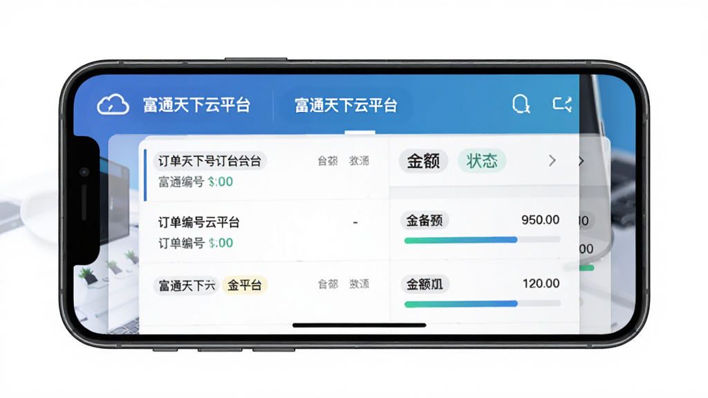 一张展示富通天下云平台订单处理界面的图片,主体为手机屏幕,屏幕中显示订单列表和状态标签,布局为手机正面展示,背景为纯白色,风格为极简商务,细节包含订单编号、金额和进度条,画质清晰干净,无多余元素,图片中文字为“富通天下云平台”