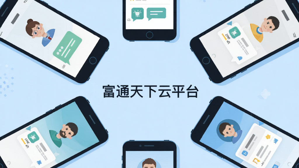 一张表现富通天下云平台团队协作场景的图片,主体为多部手机围成圆形展示不同角色界面,布局为环形排列,背景为浅蓝色,风格为扁平化插画,细节包含聊天气泡、审批图标和任务卡片,画质清晰干净,无多余元素,图片中文字为“富通天下云平台”