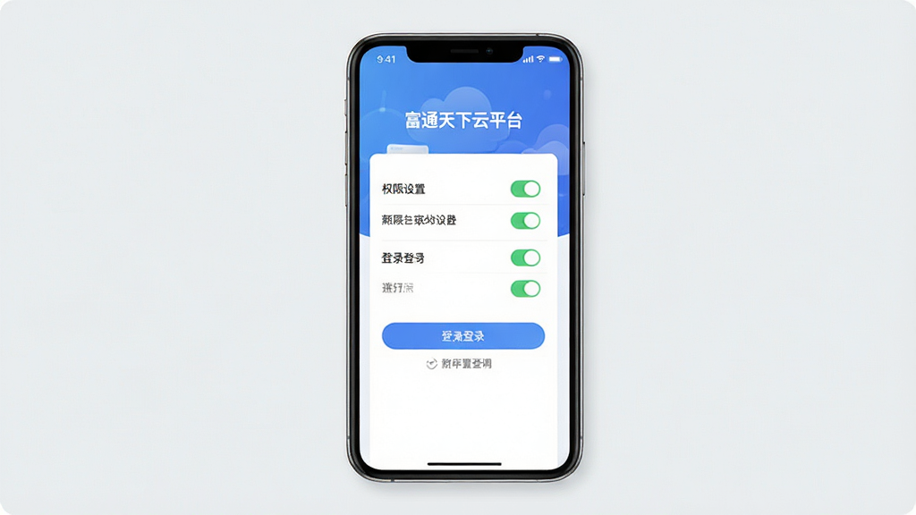 一张展示富通天下云平台新手设置引导页面的图片,主体为手机屏幕显示权限设置和登录界面,布局为手机正面,背景为浅灰色,风格为清新简约,细节包含权限开关、登录按钮和提示文字,画质清晰干净,无多余元素,图片中文字为“富通天下云平台”