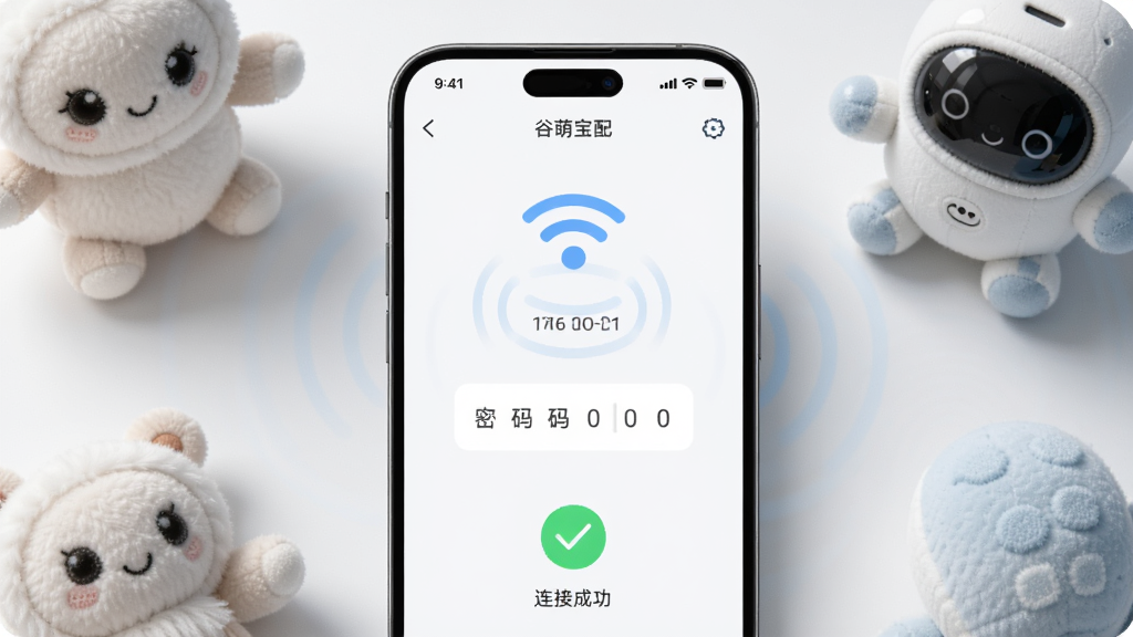 一部手机屏幕显示谷萌宝配网界面,周围有Wi-Fi信号图标和智能毛绒玩具,布局为手机居中、玩具环绕,风格为科技简约风,细节包括信号波纹、密码输入框、连接成功对勾图标,画质高清干净,无多余元素