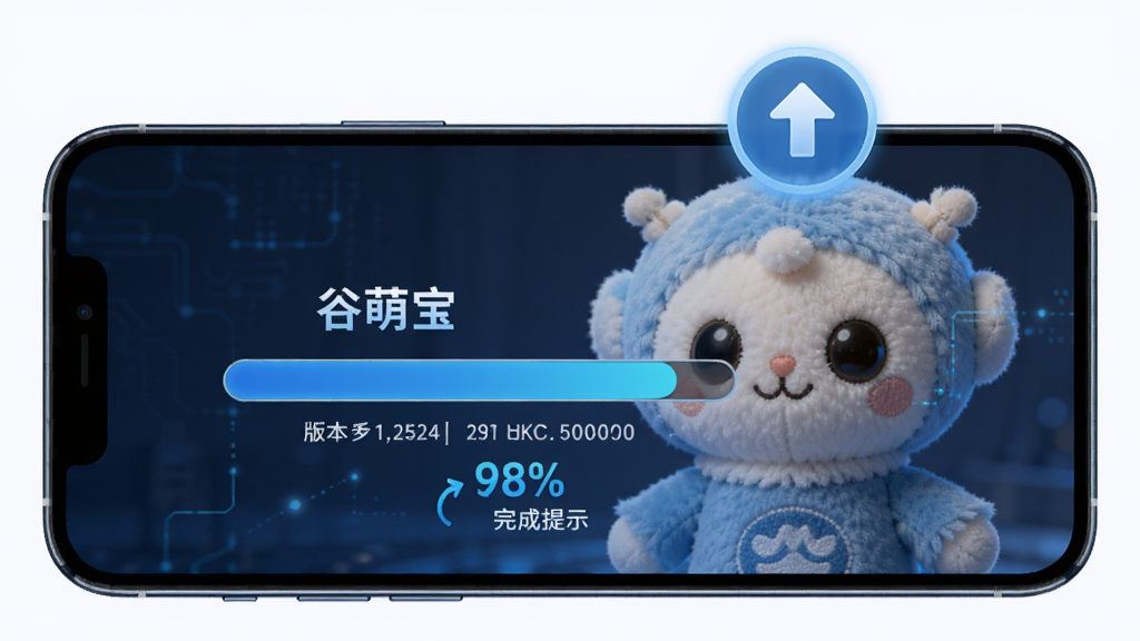 手机屏幕显示谷萌宝固件升级进度条,智能毛绒玩具头顶有更新箭头图标,布局为上下结构,风格为科技蓝调,细节包括版本号对比、进度百分比、完成提示,画质清晰锐利,无多余元素