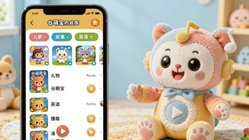 手机屏幕展示谷萌宝内容库页面,有儿歌、故事、英语等分类标签和播放列表,旁边是智能毛绒玩具正在播放音乐,布局为左中右三栏,风格为活泼童趣风,细节包括彩色封面图、播放按钮、收藏星星图标,画质鲜艳干净,无多余元素