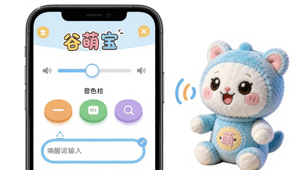 手机屏幕展示谷萌宝语音设置页面,有音量滑块、音色选择按钮和唤醒词输入框,旁边是智能毛绒玩具正在发声的示意,布局为左侧手机右侧玩具,风格为清新可爱风,细节包括声波图标、彩色按钮、卡通字体,画质明亮干净,无多余元素