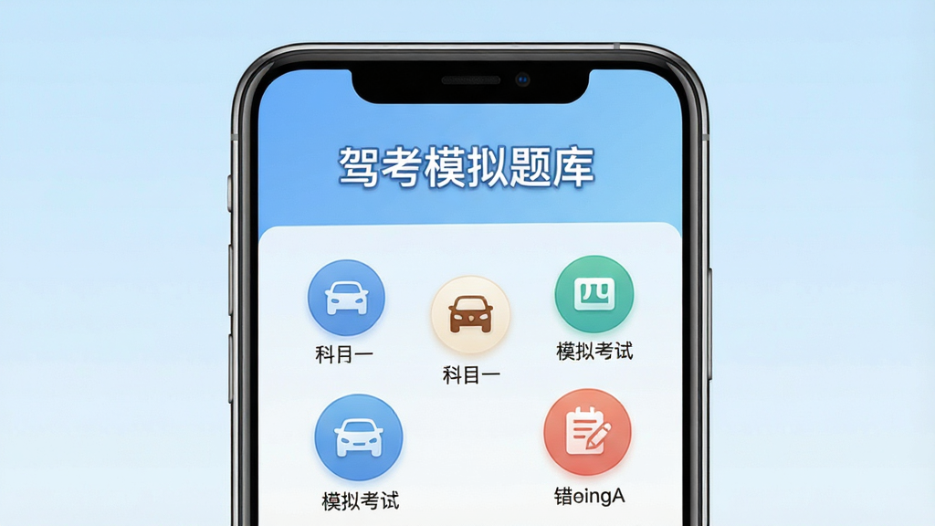 一张手机屏幕正面展示驾考模拟题库APP首页的图片,画面中央是手机界面,界面顶部显示“驾考模拟题库”文字标题,下方排列科目一、科目四、模拟考试、错题本等圆形功能图标,背景为浅蓝色渐变,风格简洁清爽,细节清晰,高清画质,干净,无多余元素