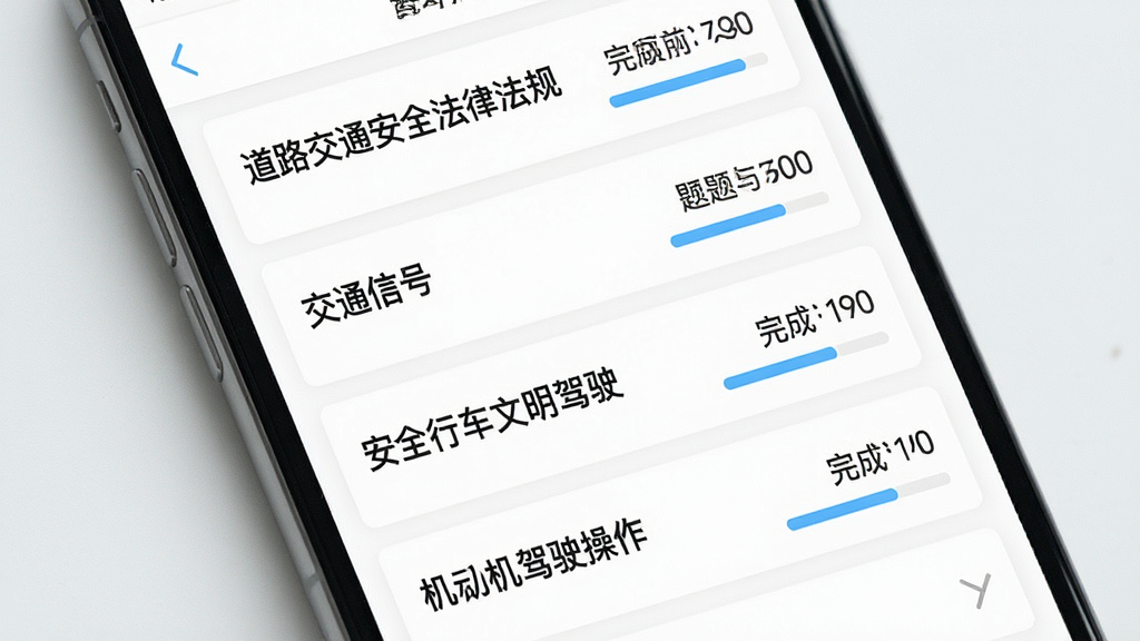 一张展示驾考模拟题库APP章节练习列表的手机界面图,画面中手机屏幕从上到下排列“道路交通安全法律法规”“交通信号”“安全行车文明驾驶”“机动车驾驶操作”等章节条目,每条右侧显示题目数量和完成进度,背景为白色,风格简约,高清画质,干净,无多余元素
