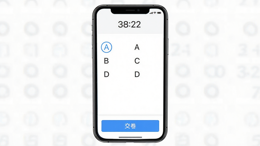 一张驾考模拟题库APP模拟考试界面的手机截图,画面显示手机屏幕中有一道选择题,选项A、B、C、D排列整齐,顶部有倒计时“38:22”,底部有“交卷”按钮,界面风格为白底蓝字,排版清晰,细节丰富,高清画质,干净,无多余元素