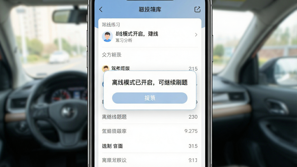 一张展示驾考模拟题库APP离线模式提示的手机界面图,画面中手机屏幕中央弹出“离线模式已开启,可继续刷题”的提示框,背景为题库练习界面,风格简洁明快,细节清晰,高清画质,干净,无多余元素