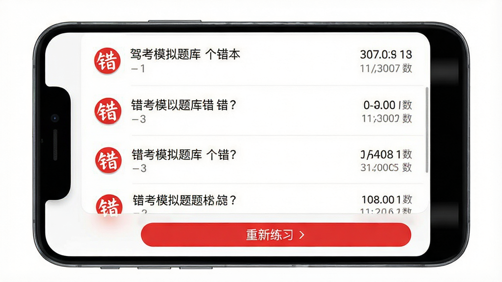 一张驾考模拟题库APP错题本页面的手机截图,画面显示手机屏幕中列出多道错题,每道题左侧有红色“错”字标记,右侧显示题目编号和错误次数,底部有“重新练习”按钮,界面风格为白底红点缀,排版整齐,高清画质,干净,无多余元素