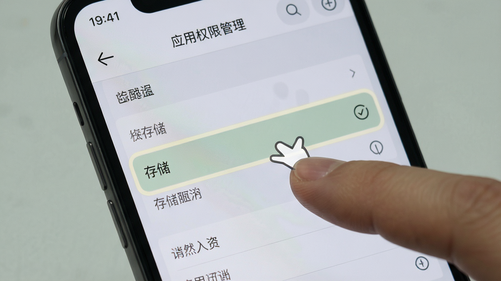 一张展示手机设置界面的图片,画面中手机屏幕显示“应用权限管理”页面,其中“存储”权限被高亮标注,旁边有手指点击的示意,背景为浅灰色系统界面,风格写实,细节清晰,高清画质,干净,无多余元素