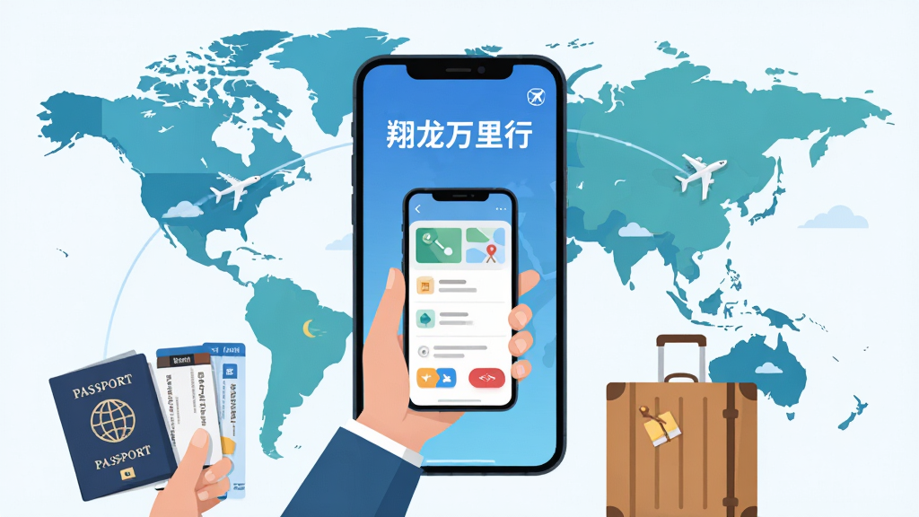 手机屏幕中央展示“翔龙万里行”应用界面,背景为世界地图与飞机航线,主体为一位旅行者手持手机查看行程,布局采用居中构图,排版简洁清晰,风格为现代扁平化插画,细节包含护照、机票、行李箱元素,画质高清,干净,无多余元素