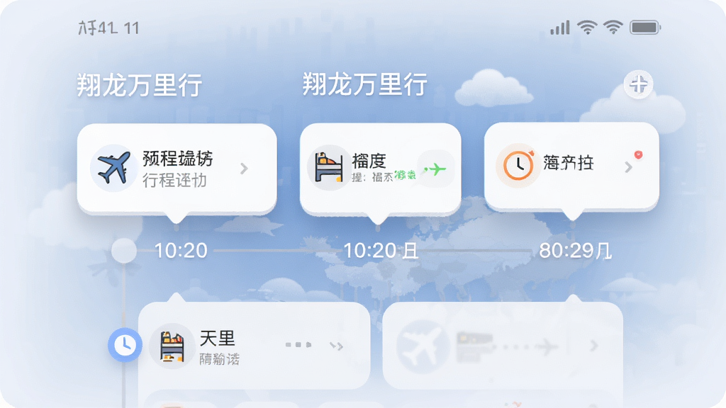 AI生成一张手机界面截图风格图片,主体为“翔龙万里行”行程管理页面,布局为时间轴形式展示每日安排,排版清晰,风格为柔和圆角卡片设计,细节包含航班图标、酒店图标、时钟提醒元素,画质高清,干净,无多余元素