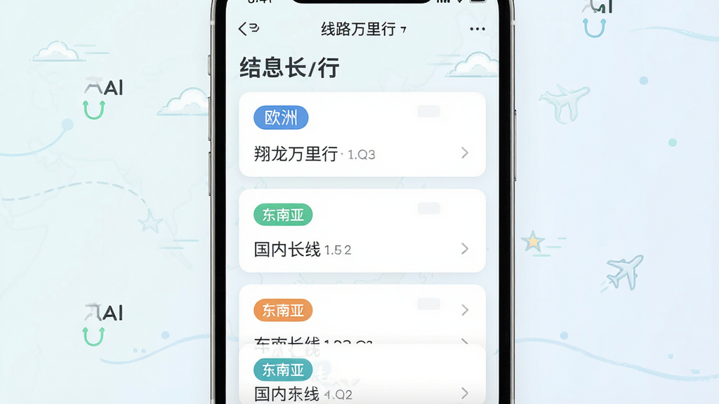 AI生成一张信息图风格画面,主体为“翔龙万里行”应用内的线路列表界面,布局为上下滚动式卡片排列,排版整齐,风格为清新浅色系UI设计,细节包含欧洲、东南亚、国内长线等目的地标签,画质高清,干净,无多余元素