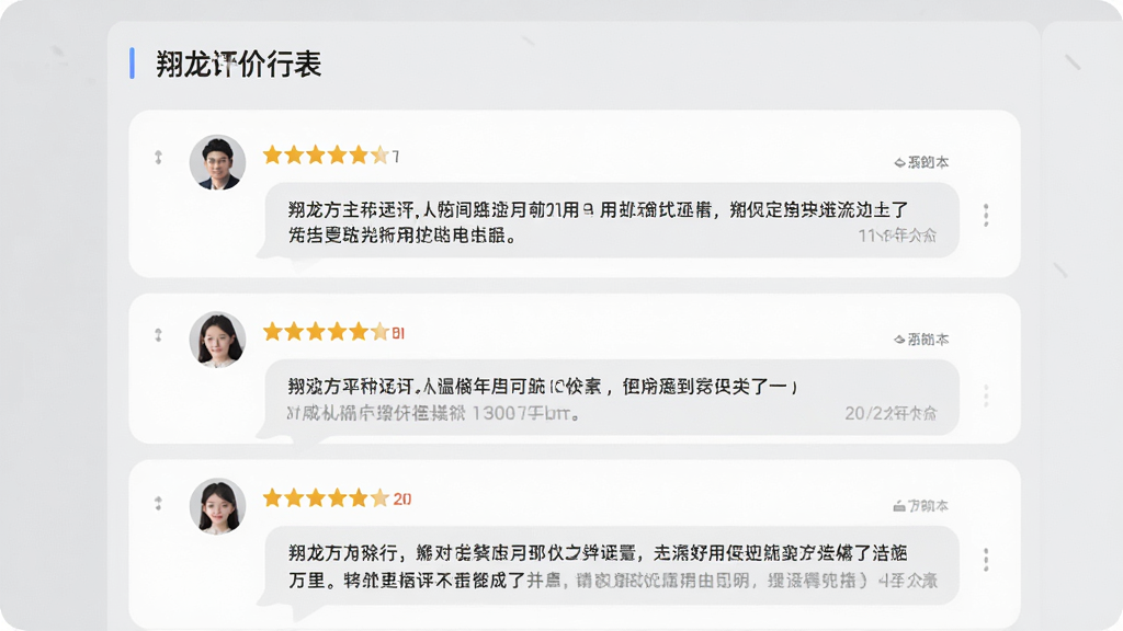 AI生成一张社交评价界面风格图片,主体为“翔龙万里行”用户评价列表,布局为上下排列的评论卡片,排版整洁,风格为清爽素雅浅灰质感,细节包含五角星评分、用户头像、文字评价气泡,画质高清,干净,无多余元素