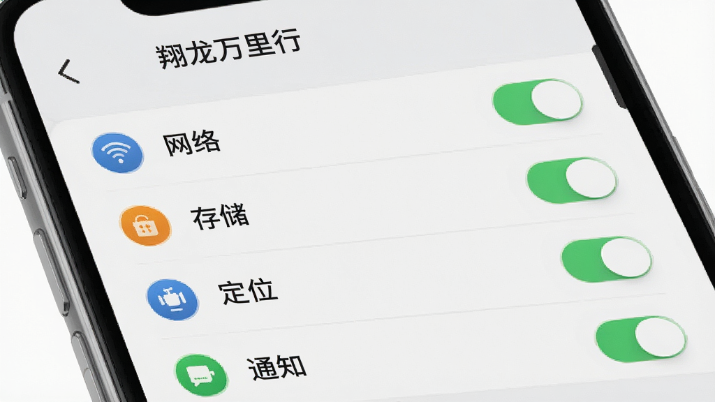 AI生成一张手机安全设置界面风格图片,主体为“翔龙万里行”应用权限管理页面,布局为列表式权限开关,排版清晰,风格为浅灰质感商务风,细节包含网络、存储、定位、通知等权限图标,画质高清,干净,无多余元素