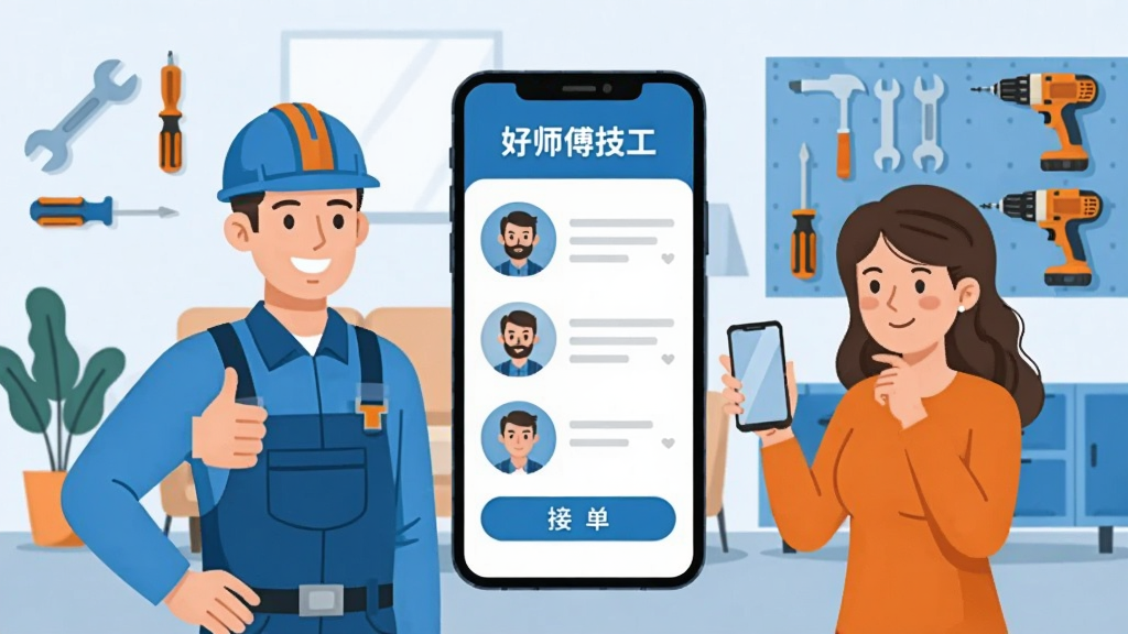 画面中央一部智能手机竖屏展示“好师傅技工”APP主界面,界面内包含技工头像列表与接单按钮,左侧一位身穿蓝色工装、头戴安全帽的水电师傅微笑竖起大拇指,右侧一位家庭主妇手持手机满意点头,背景为简洁明亮的客厅与工具墙组合,整体采用扁平化插画风格,色彩以科技蓝与活力橙为主,细节包含扳手、螺丝刀、电钻等工具元素点缀,画质清晰,构图干净,无多余杂乱元素