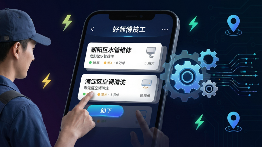 画面中央展示“好师傅技工”APP抢单大厅界面,界面内滚动显示多个订单卡片,如“朝阳区水管维修”“海淀区空调清洗”,左侧一位师傅手指点击屏幕抢单按钮,右侧浮现智能匹配齿轮与数据流线条,背景为深色科技感渐变,点缀闪电符号与定位图标,整体采用赛博朋克轻量风格,画质锐利,排版清晰,无杂乱文字
